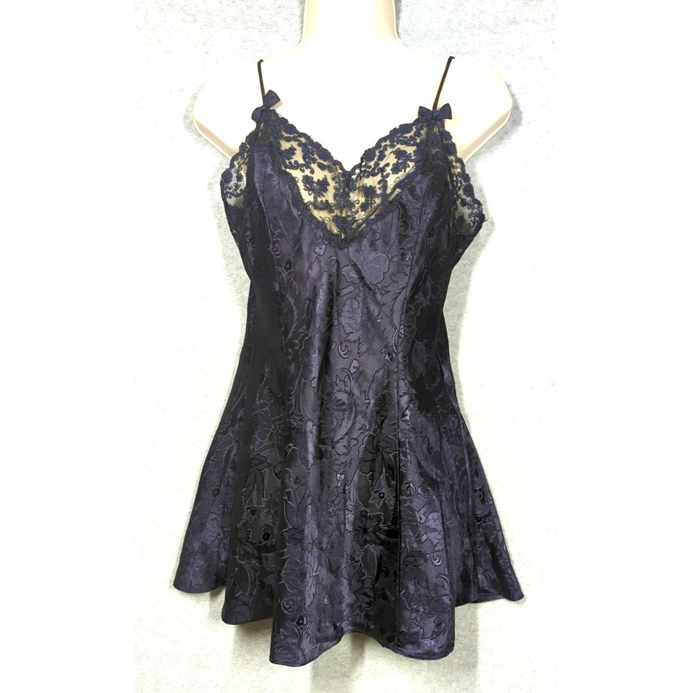 Vtg Victoria's Secret Deep Purple Satin Slip Dress Small Gold Label Lace Bodice